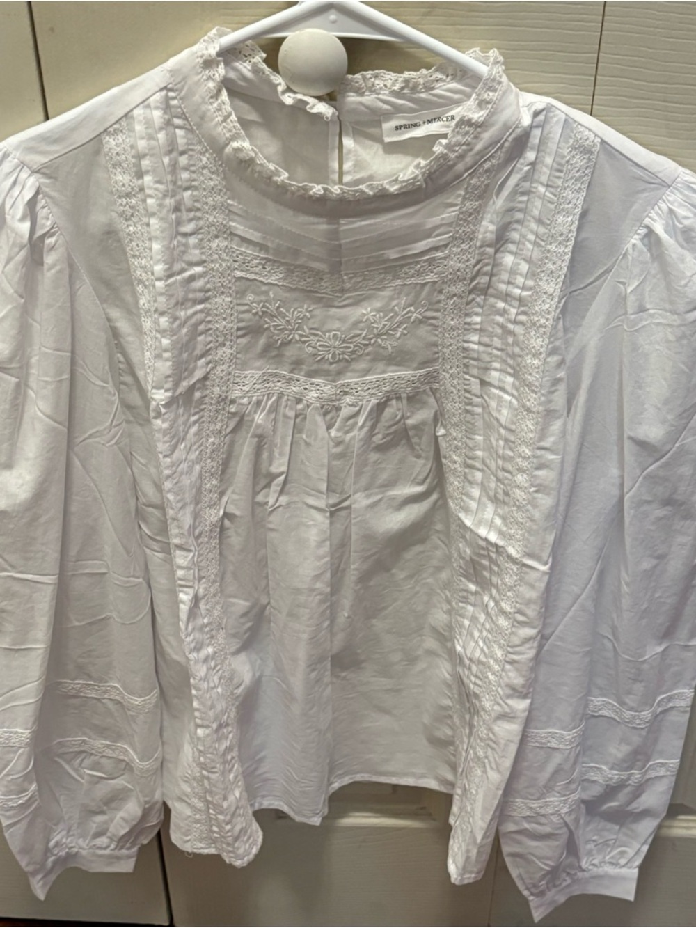 Spring and Mercer White Lace-Trim Victorian-Inspired Blouse